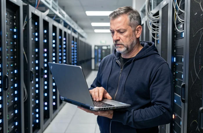 Technicien informatique analysant des données dans une salle de serveurs avec équipements numériques avancés