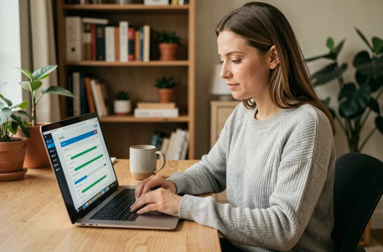 Femme utilisant un ordinateur portable pour télécharger des fichiers sur un site de partage en ligne depuis son bureau à domicile
