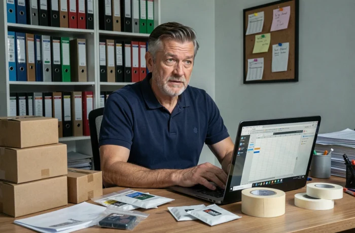 Homme en télétravail emballant des échantillons dans un bureau à domicile entouré de matériaux d'emballage