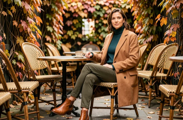 Femme en manteau camel oversize et col roulé teal assise en terrasse de café en automne, tendances mode automne-hiver prêt-à-porter femme