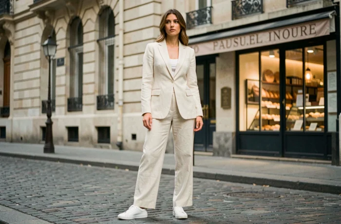 Femme élégante en costume large en lin crème portant des sneakers blanches dans une rue pavée parisienne, tendance prêt-à-porter printemps