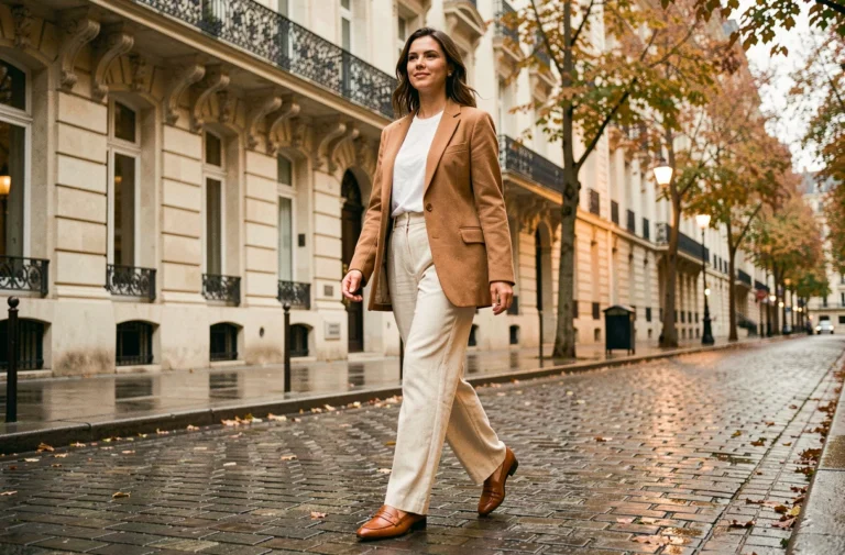 Femme stylée en blazer camel et pantalon large crème marchant dans une rue pavée parisienne en automne, look tendance saison