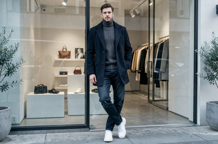 Homme élégant en manteau peacoat marine et col roulé gris devant une vitrine de concept store moderne, tendances mode masculine automne-hiver