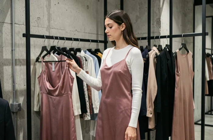 Femme tendance en robe slip dress satin rose et top côtelé blanc dans un concept store moderne, actualité mode prêt-à-porter femme