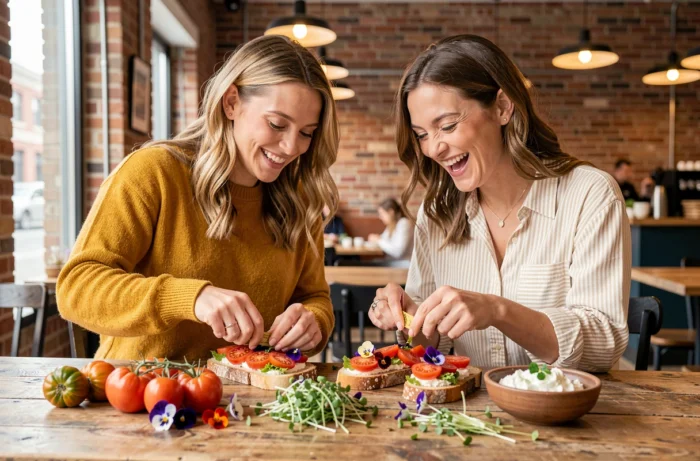 Deux femmes souriantes préparant des tartines colorées avec des ingrédients frais dans un café brunch urbain tendance