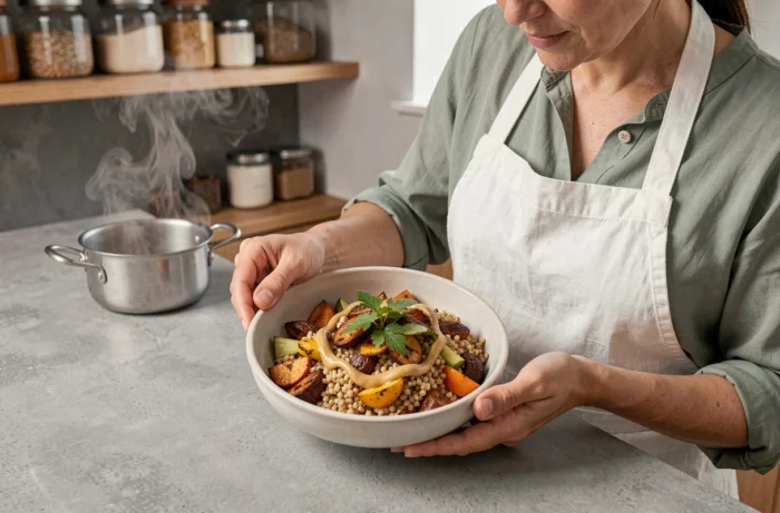 Femme en tablier blanc dressant un bowl de légumes rôtis et de tahini dans une cuisine moderne minimaliste