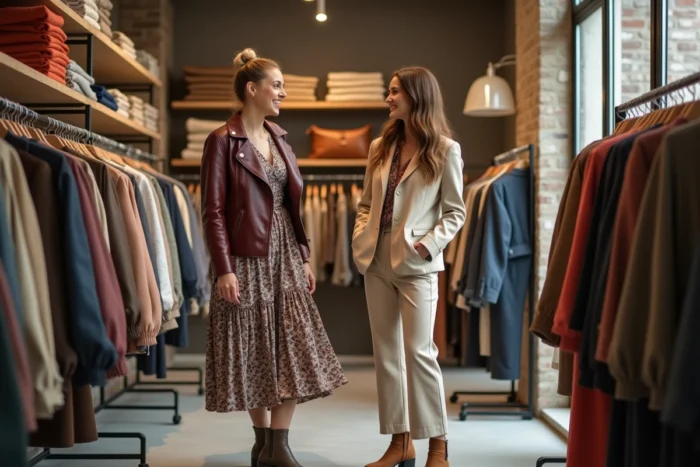Deux femmes aux styles tendance discutant dans une boutique concept store moderne, veste en cuir bordeaux et ensemble monochrome beige