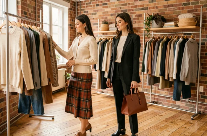 Deux femmes à la mode faisant du shopping dans une boutique tendance aux murs en briques, avec jupe plissée écossaise et ensemble noir élégant