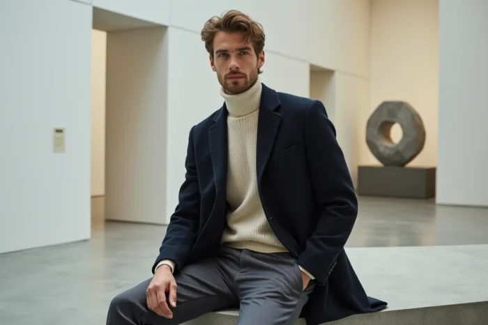 Homme en manteau en laine marine à motif chevron assis dans une galerie d'art moderne, style mode masculine tendance hiver
