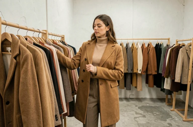 Jeune femme en manteau camel structuré parcourant les nouveautés d'une boutique de mode parisienne minimaliste