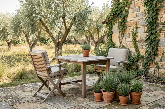 Terrasse de jardin aménagée avec table en teck, fauteuils et plantes aromatiques en pot sur des pavés en pierre