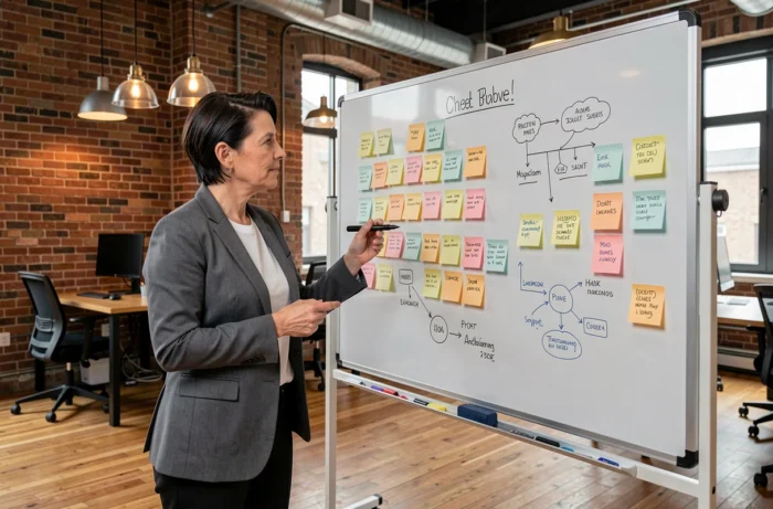 Consultante présentant la stratégie de transformation de marque Kolrag vers Eyozi sur un tableau blanc