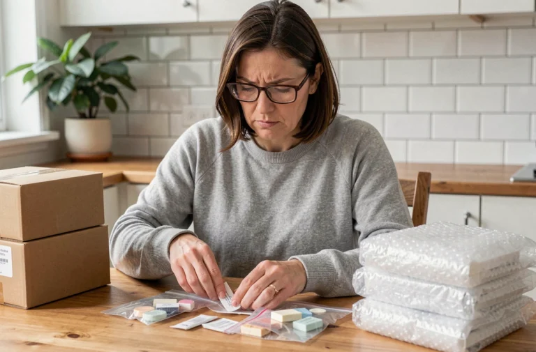 Femme travaillant à domicile en emballant des échantillons de produits cosmétiques dans sa cuisine