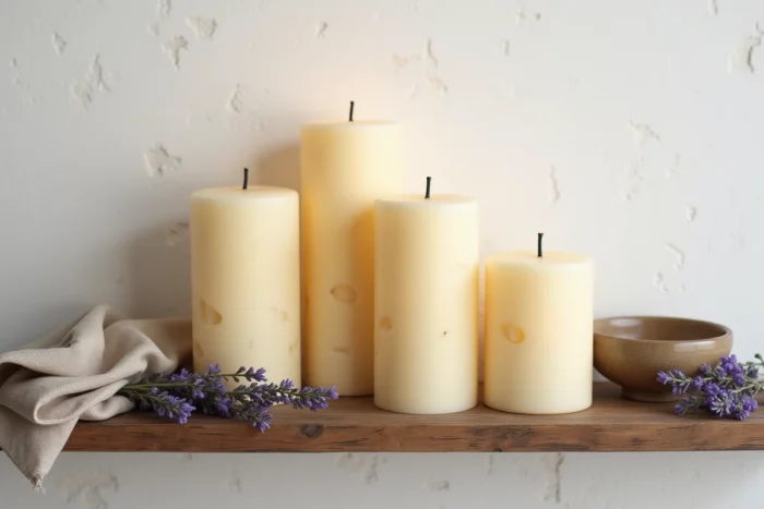 Trois bougies pilier de différentes hauteurs en cire d'abeille naturelle posées sur une étagère en bois recyclé avec lavande séchée et bol en céramique pour une ambiance apaisante