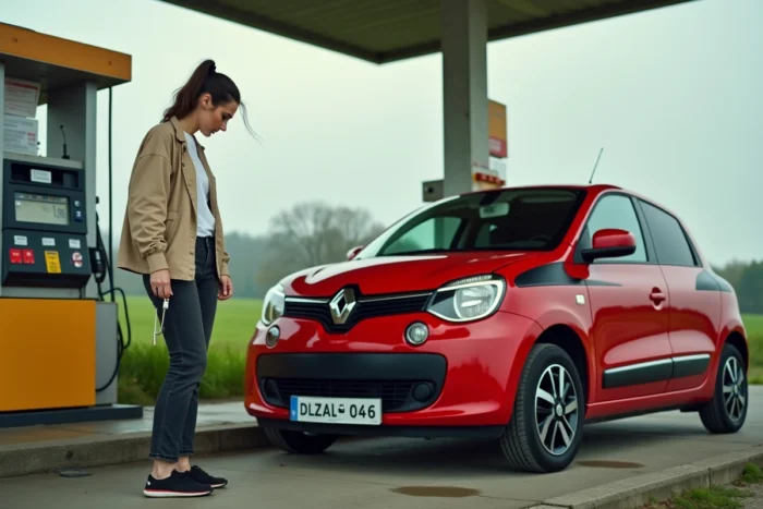 Femme faisant le plein d'une Renault Twingo rouge dans une station-service de campagne française