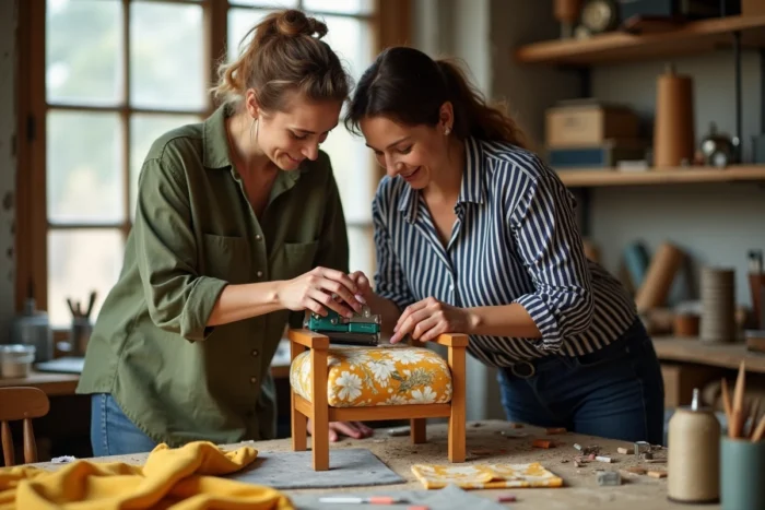 Deux femmes retapissant une chaise ancienne avec du tissu floral dans un atelier de couture DIY