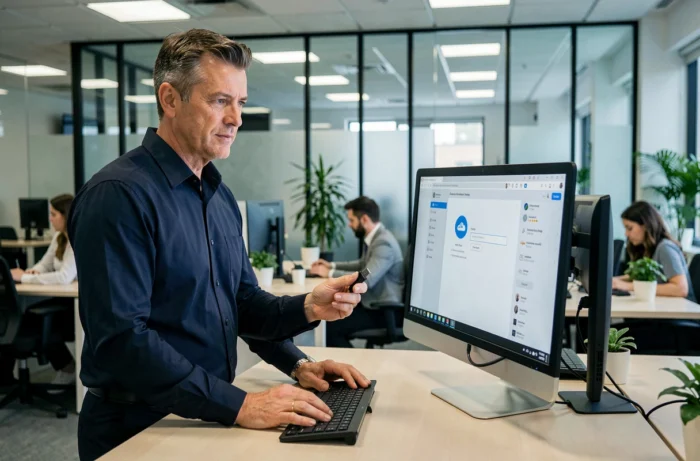 Homme en bureau open-space téléchargeant des fichiers vers une plateforme de partage en ligne depuis un ordinateur de bureau