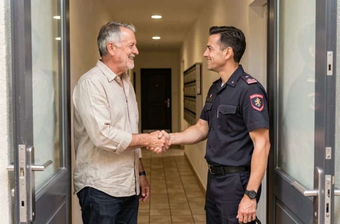 Propriétaire soulagé serrant la main d'un serrurier après une intervention d'urgence réussie à Aubergenville