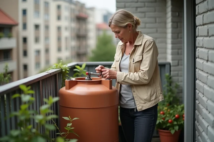 Femme vérifiant le robinet et la valve d'un récupérateur d'eau sur un balcon urbain