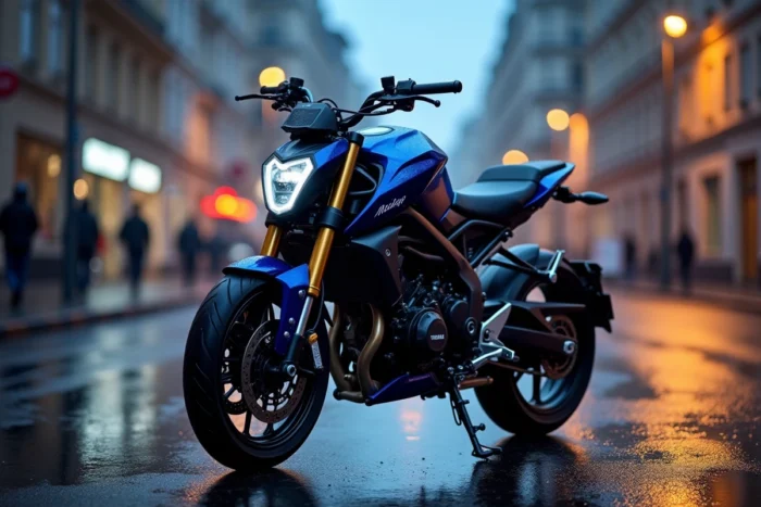 Yamaha MT-125 bleu et noir en stationnement sur route mouillée urbaine, vue 3/4 avant de la naked streetfighter
