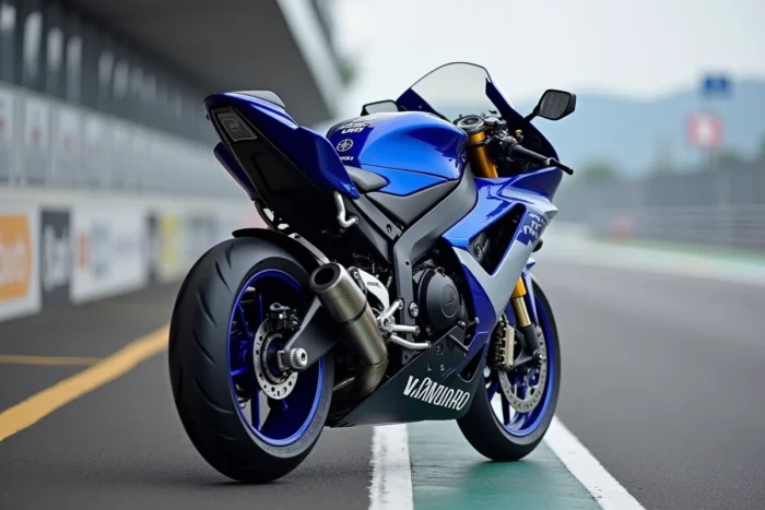 Yamaha YZF-R125 carénée bleue et argent en stand de circuit, vue 3/4 arrière sur le sport 125