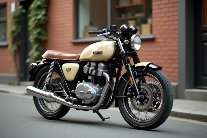Zontes 125 GK café racer crème et marron garé dans une ruelle urbaine rétro, vue 3/4 avant